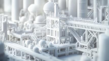 A 3D-printed industrial plant concept, with futuristic designs and structures being built through additive manufacturing, showcasing innovation.
