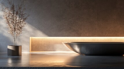 A 3D digital wallpaper showcasing a minimalist design with sleek metallic surfaces and soft, diffused lighting.