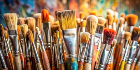 Fototapeta premium Close-up of various types of brushes in an artist's studio , paint, brushes, artist, studio, art supplies