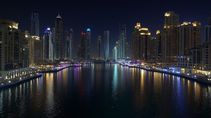 Fototapeta premium Breathtaking Night View of Dubai Marina Skyline and Waterfront