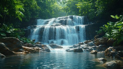 Obraz premium Serene Waterfall in Lush Tropical Forest