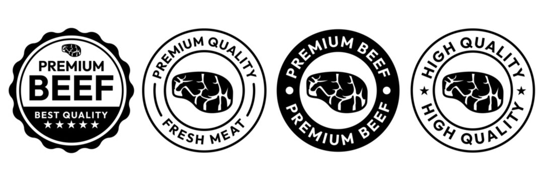 High quality beef meat icon set. High quality beef meat circle logo, badge, sticker, symbol, emblem, stamp, line, vector, isolated illustration. Fresh Beef meat label for product packaging design.