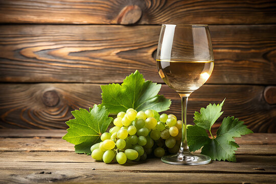 Glass of white wine with green grape fruit and leaves on wooden background.