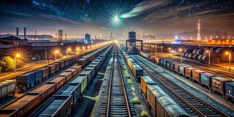 Fototapeta premium Industrial Rail Yard at Night with Coal Cars and Freight Trains - Low Light Photography