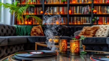 A Vintage Record Player with Candles and Smoke in a Living Room
