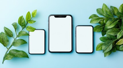 Three Black Smartphones with Blank Screens Surrounded by Green Leaves on a Blue Background