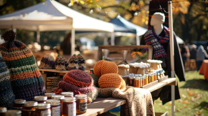 An autumn craft festival with knitted goods, hand-painted ornaments, and warm cider stands, bringing warmth to the cool fall atmosphere.