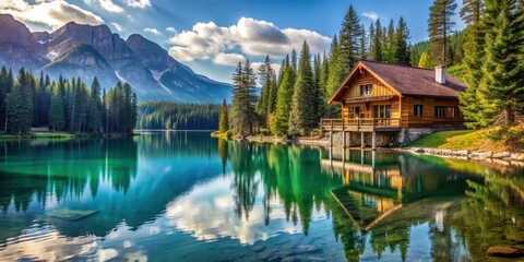Obraz premium Chalet overlooking a crystal lake surrounded by pine trees, Chalet, crystal lake, pine trees, serene, peaceful, tranquil