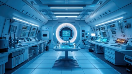 Obraz premium Futuristic control room with blue lighting and advanced technology for scientific exploration.