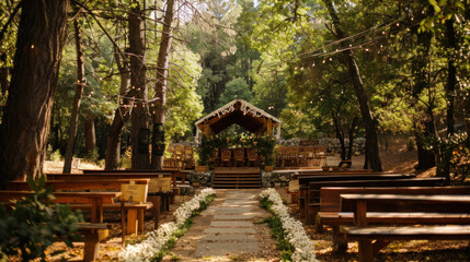 Obraz premium An outdoor eco-friendly wedding in a forest, with minimal decor, focusing on the natural beauty of the surroundings.