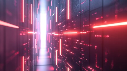 Obraz premium A futuristic 3D digital wallpaper showcasing sleek metallic surfaces and glowing LED light strips.