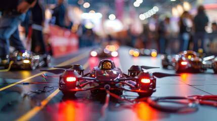 Autonomous vehicle demonstrations and drone races at a tech festival, with tech enthusiasts marveling at the latest innovations in transportation.