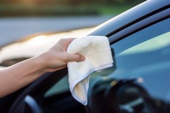 A male hand wipes the car window with a soft rag, reflecting care and attention to detail in car maintenance.