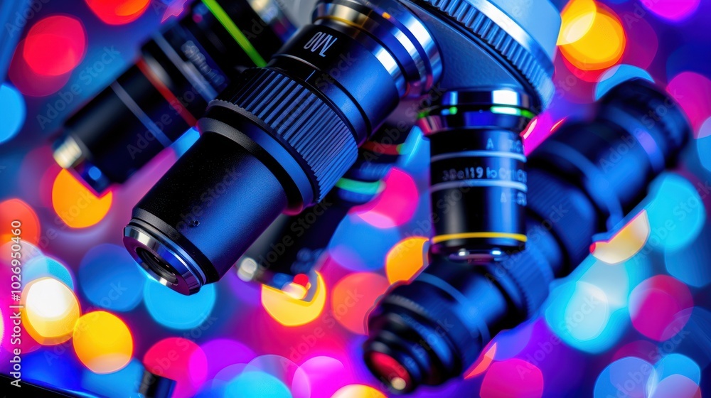 Poster microscope lens close-up with colorful bokeh background