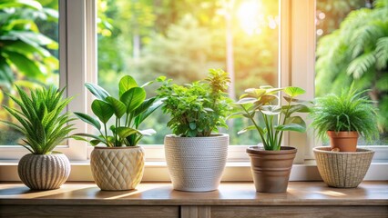 Fototapeta premium Lush green houseplants in modern pots on a sunny windowsill, houseplants, indoor plants, foliage