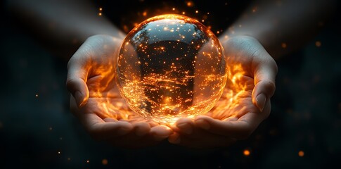 Close-up of two hands holding a glowing crystal ball with fire and sparks.