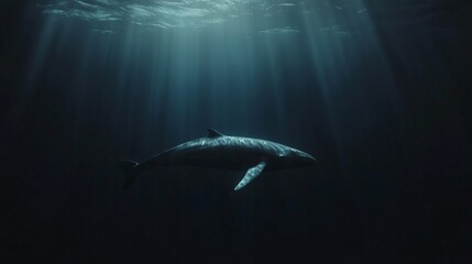 Fototapeta premium Mysterious Depths: A Majestic Whale's Underwater Journey