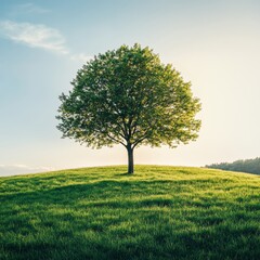 Obraz premium an alone lush-leaves tree in a green field