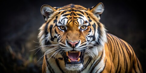 Obraz premium Roaring tiger in a fierce display of power and dominance, tiger, fierce, power, dominance, animal, wildlife, growling