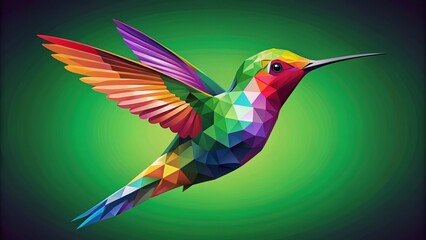 Isolated Low Poly Colorful Hummingbird on Vibrant Green Background - Geometric Animal Vector Art