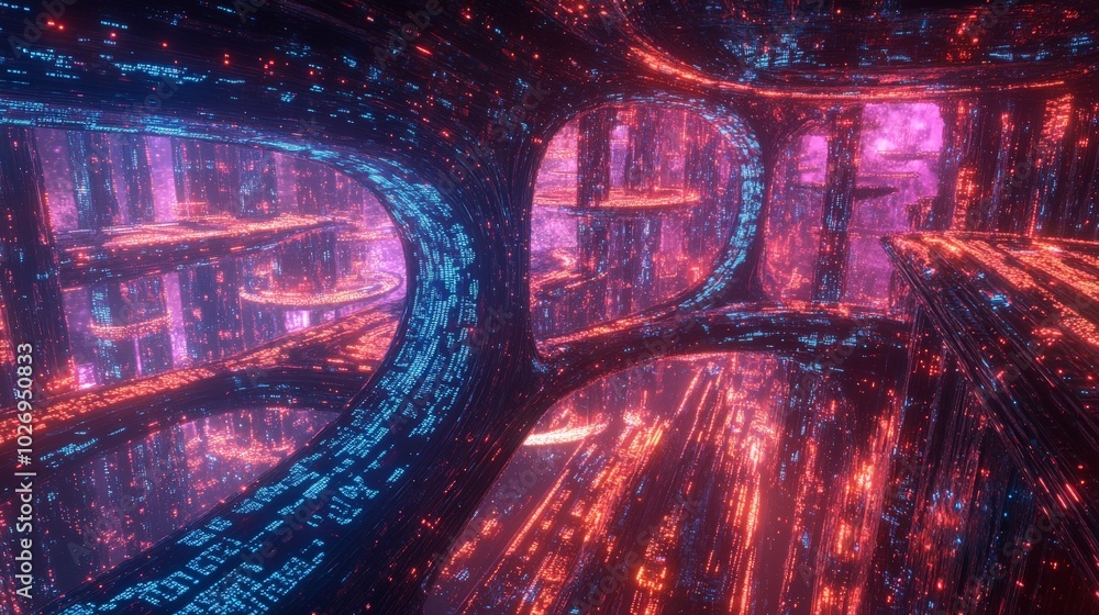 Poster futuristic digital cityscape with glowing lines and binary code