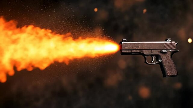 A handgun is fired, leaving a trail of bright orange flames
