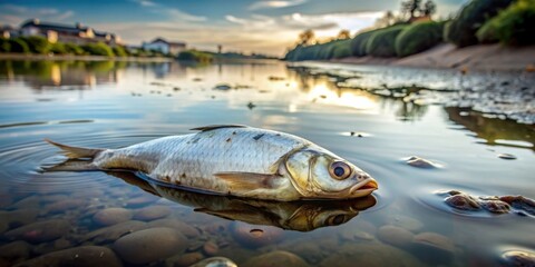 Fototapeta premium Dead fish floating in polluted river water , pollution, contaminated, environment, toxic, waste, tragedy