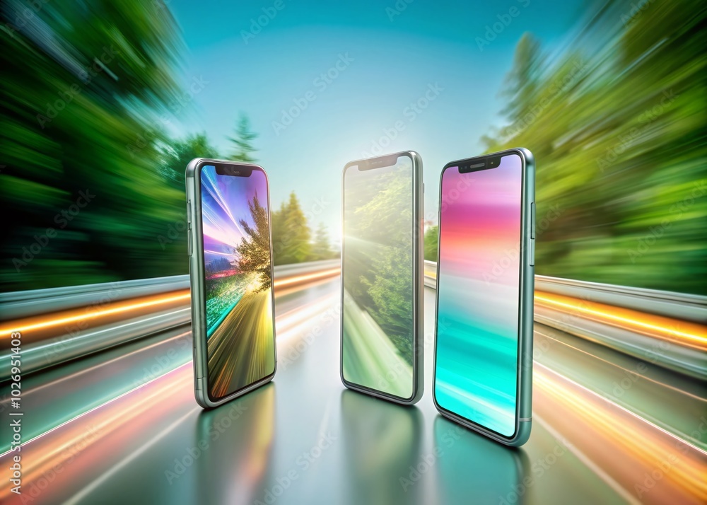 Poster isometric smartphone collection in long exposure – showcase of modern devices from multiple angles f