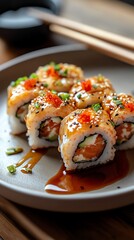 A plate of sushi rolls with salmon, avocado, and cream cheese, topped with sesame seeds, tobiko, and green onions, with a side of soy sauce and chopsticks.