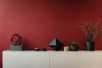 Sophisticated interior with a red accent wall, geometric shapes, and monochrome furniture, luxury real estate marketing, social media and websites contents, interior design concepts