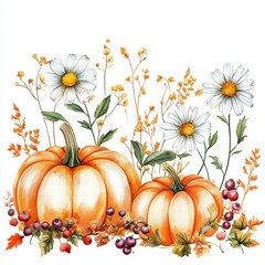 Watercolor daisy flowers, pumpkins, wild berries, gentle, elegant on white background