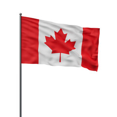 Canadian flag blowing in the wind, displayed on a flagpole against a white background. Represents...
