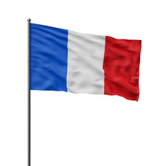Waving French flag on a flagpole with a white background. The flag features blue, white, and red vertical stripes. 3D Rendering