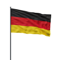 German flag in black, red, and yellow colors waving on a pole, on a white background. Concept of...