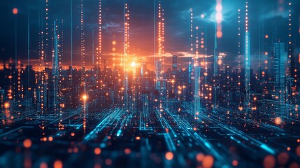 Fototapeta premium Futuristic Cityscape with Digital Network and Glowing Lights