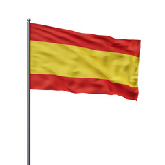 The Spanish flag is shown flying on a pole against a white backdrop. The flag is in motion, with visible fabric folds. Patriotic concept. 3D Rendering