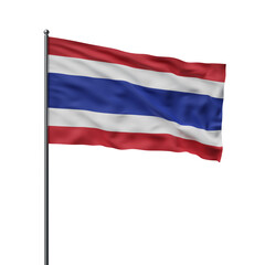 Waving flag of Thailand on a white background. The flag is attached to a pole, showing red, white, and blue stripes in a rippling motion. 3D Rendering.