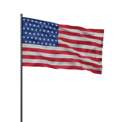 The picture shows the American flag waving on a flagpole, set against a white background. The flag is blowing in the wind. 3D Rendering