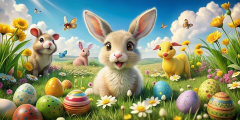 Joyful Easter Bunny and pals gather in a vibrant meadow, celebrating with laughter and cheerful colors, bringing cuteness to this delightful cartoon