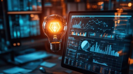 A glowing light bulb hovers over a computer monitor displaying data charts and graphs, representing a concept of innovation and inspiration.