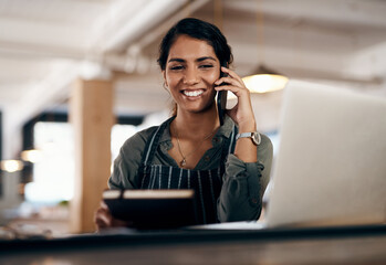 Cafe woman, laptop and phone call for order details, online shopping and ecommerce information....