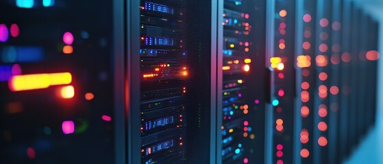Naklejka premium A row of server racks lit with red and blue lights in a data center.