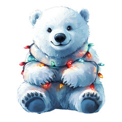 Cute polar bear wrapped in colorful Christmas lights, perfect for holiday decorations and winter-themed artwork.,transparent background