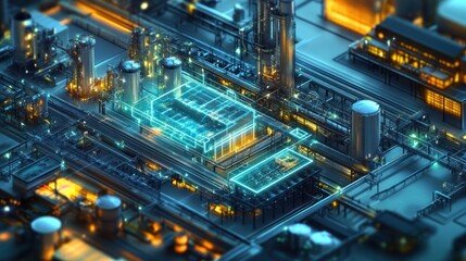 Fototapeta premium A smart industrial plant with integrated sensors and IoT technology, optimizing production and energy use, showcasing intelligent systems.