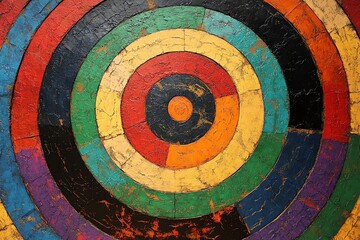 A colorful circular pattern of concentric circles with a distressed, worn paint finish.