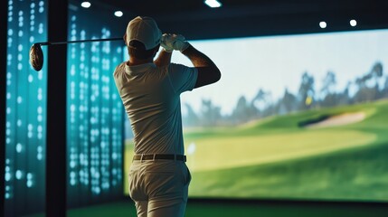 A golfer swings his club in an indoor golf simulator, aiming for the green displayed on the screen.