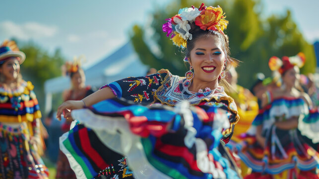 A cultural showcase at an international festival with traditional dancers, music, and art installations representing different parts of the world.