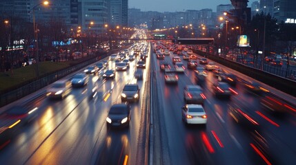 A busy urban highway at dusk, showcasing light trails from moving vehicles.
