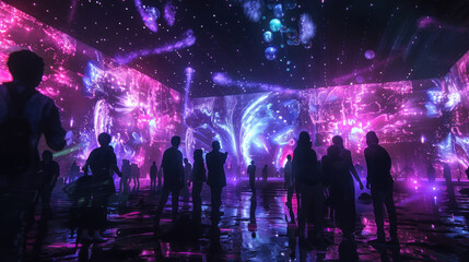 Obraz premium A digital music festival where artists perform using holographic technology, with futuristic visuals enhancing the audio experience.