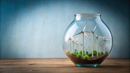 Glass vase filled with miniature wind turbines capturing the wind, renewable energy